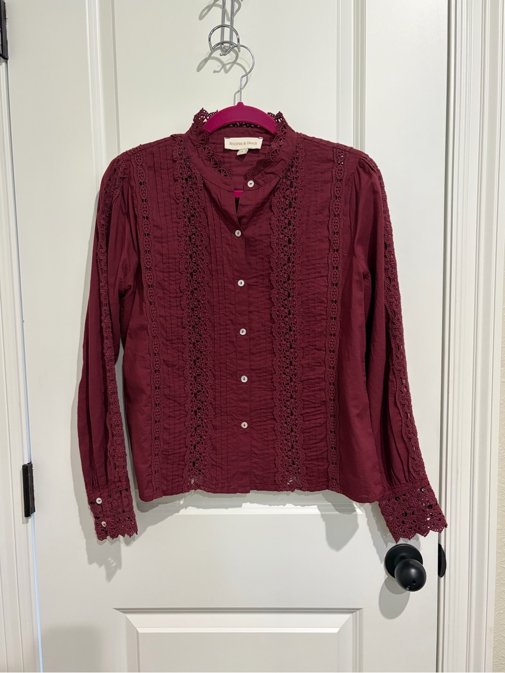 Women’s Burgundy Lace-Trim Button Front Blouse